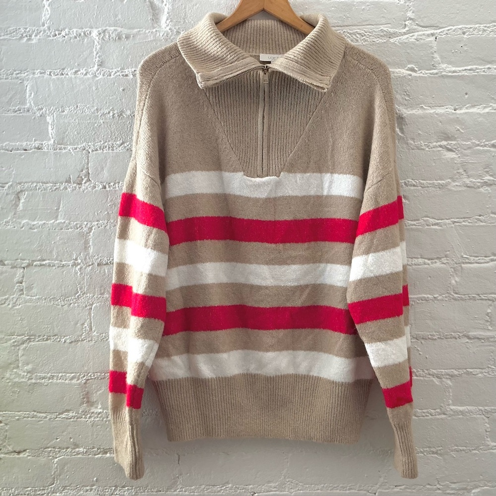 LOFT Oversized Striped Polo Sweater Quarter Zip Pullover Coastal Preppy Size L